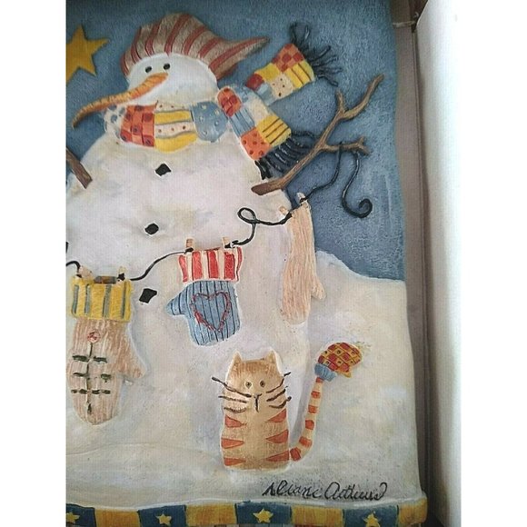 New View Wall Plaque Country Snow Time Winter Snowman Hanging Mittens Cat 3-D - Picture 4 of 7